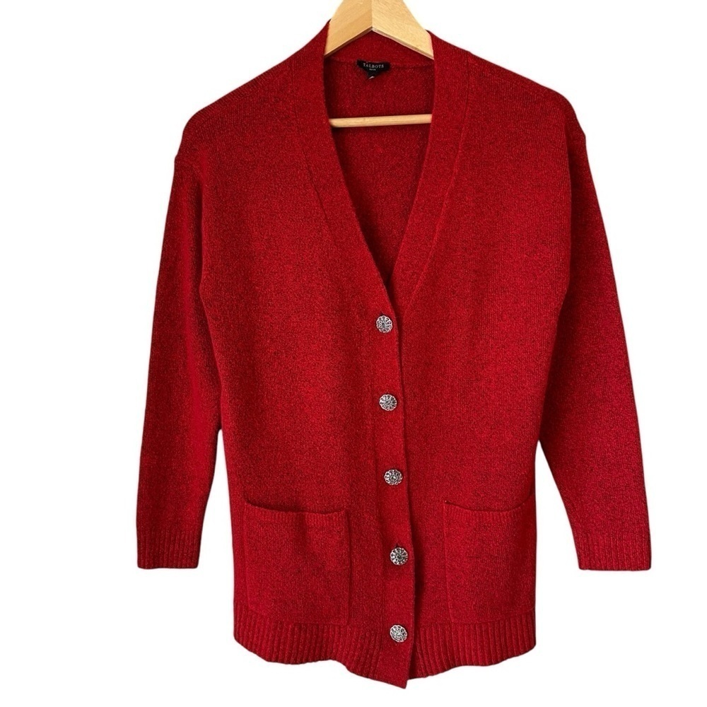 Talbots Red Cardigan Sweater with Decorative Silver Buttons, SP